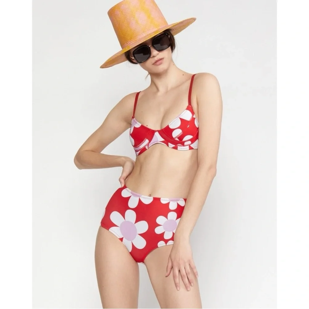 Cynthia Rowley Liv Daisy Neoprene Bikini Bottom - Red Floral Swimsuit Bottoms - Picture 3 of 12